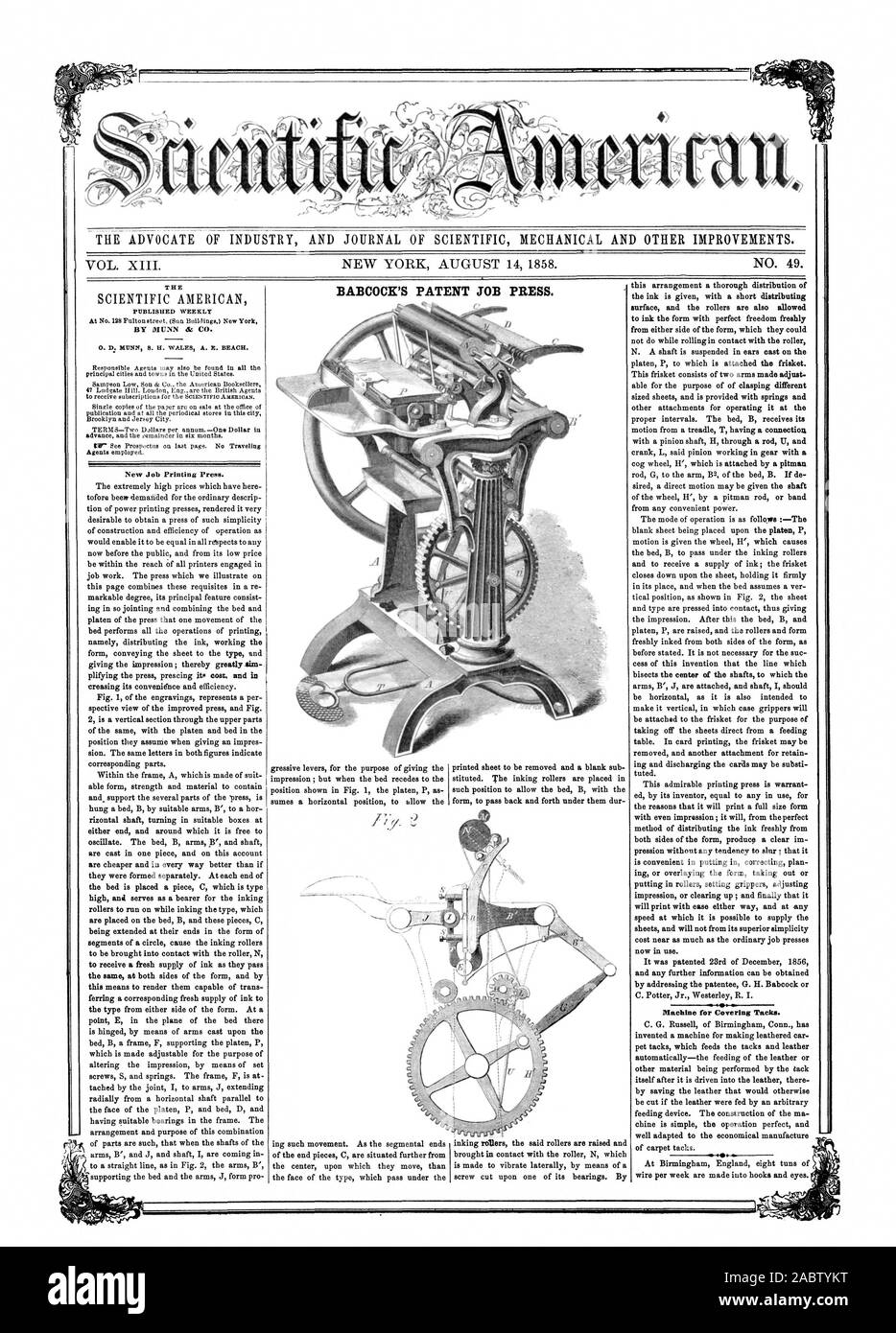 L' AVVOCATO DI INDUSTRIA E UFFICIALE DELLA MECCANICA scientifica e altri miglioramenti. BABCOCK il brevetto del job di stampa. Da MUNN & CO. Nuovo Job di stampa. La macchina per il rivestimento di semenze., Scientific American, 1858-08-14 Foto Stock
