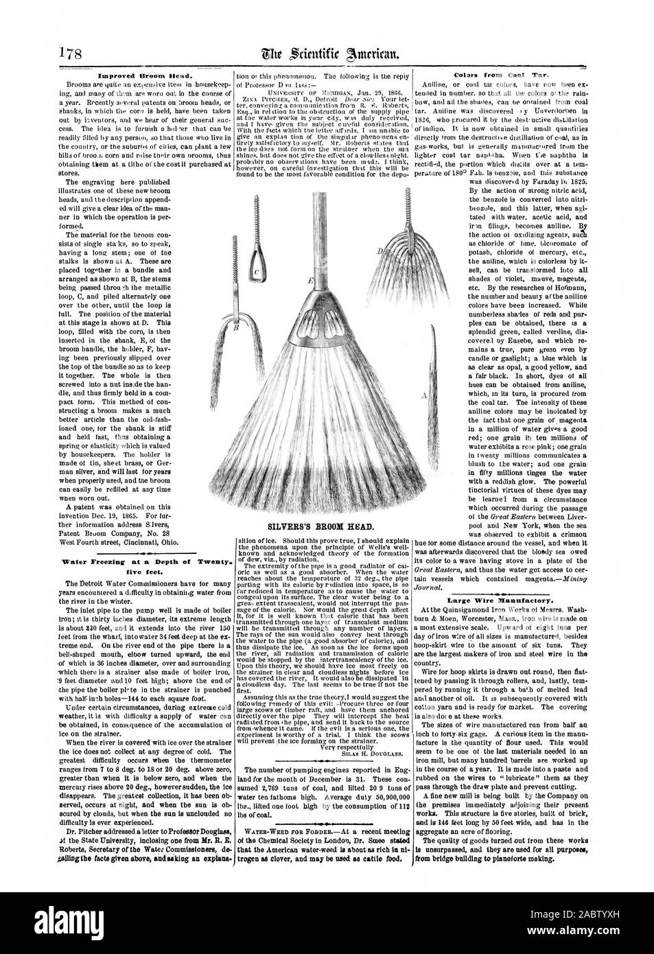 Scopa migliorata testina. Il congelamento di acqua ad una profondità di venti cinque piedi. Argenti di testa di scopa. che l'acqua americano-erbaccia è circa come ricca di ni trogen come trifoglio e può essere utilizzato come mangime. Col ori da catrame di carbone. Il filo grande manifattura. dalla costruzione di ponti per pianoforte rendendo., Scientific American, 1866-03-17 Foto Stock