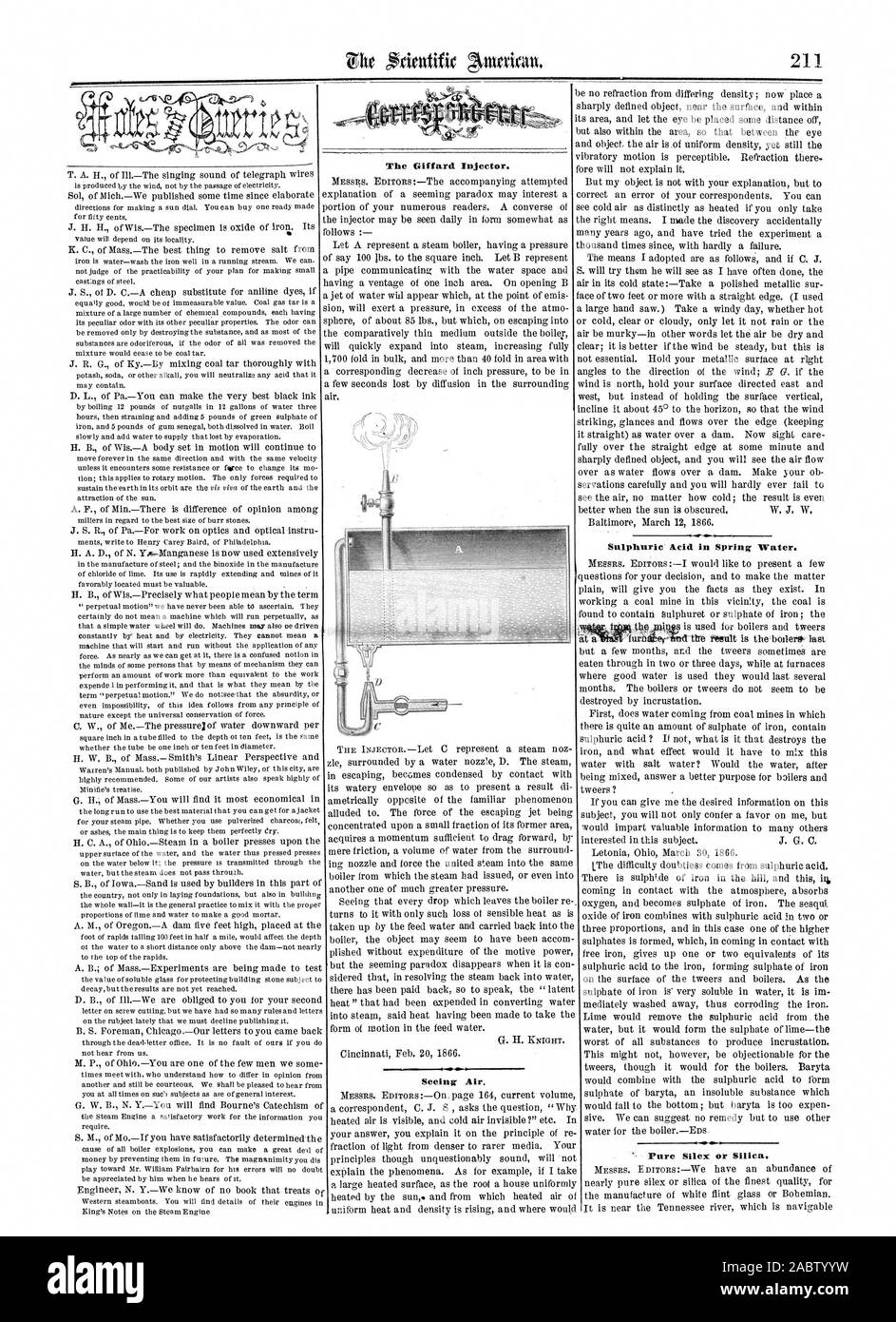 Il Giaid iniettore. Acido solforico in acqua sorgiva. Silex puro o silice. Vedendo l'aria., Scientific American, 1866-03-31 Foto Stock