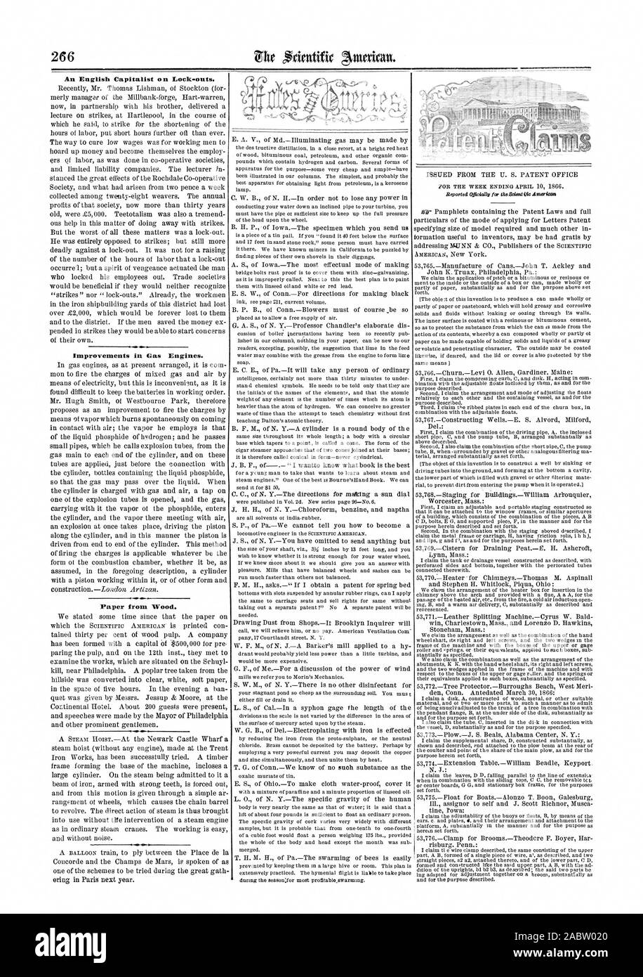 Un capitalista in inglese su Lock-out. Miglioramenti in motori a gas. La carta dal legno., Scientific American, 1866-04-11 Foto Stock