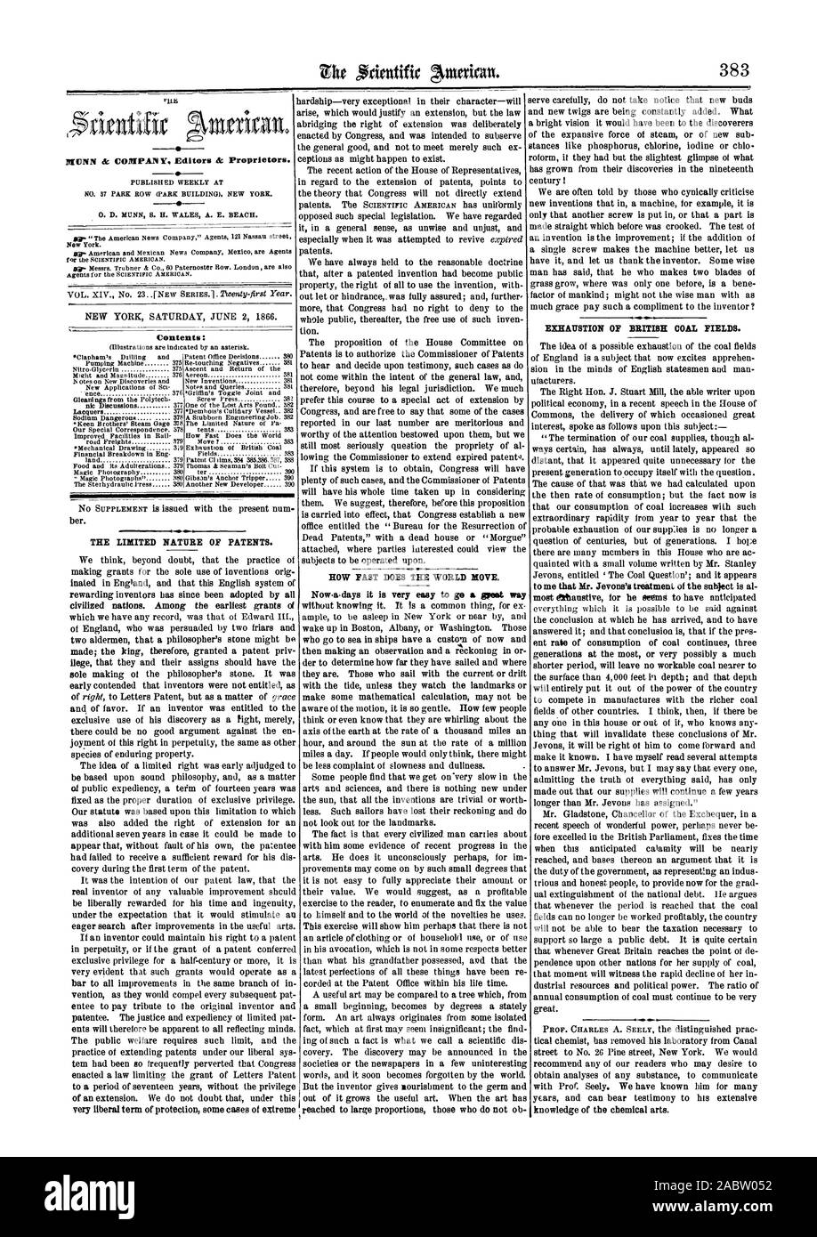 Street No. 26 Pine Street a New York. Vi consigliamo vivamente di uno qualsiasi dei nostri lettori che possono desiderare t ottenere analisi di qualsiasi sostanza a comunicare con il prof. Seely. Abbiamo conosciuto per molti anni ed è in grado di rendere testimonianza della sua vasta conoscenza delle arti chimica, Scientific American, 1866-06-02 Foto Stock