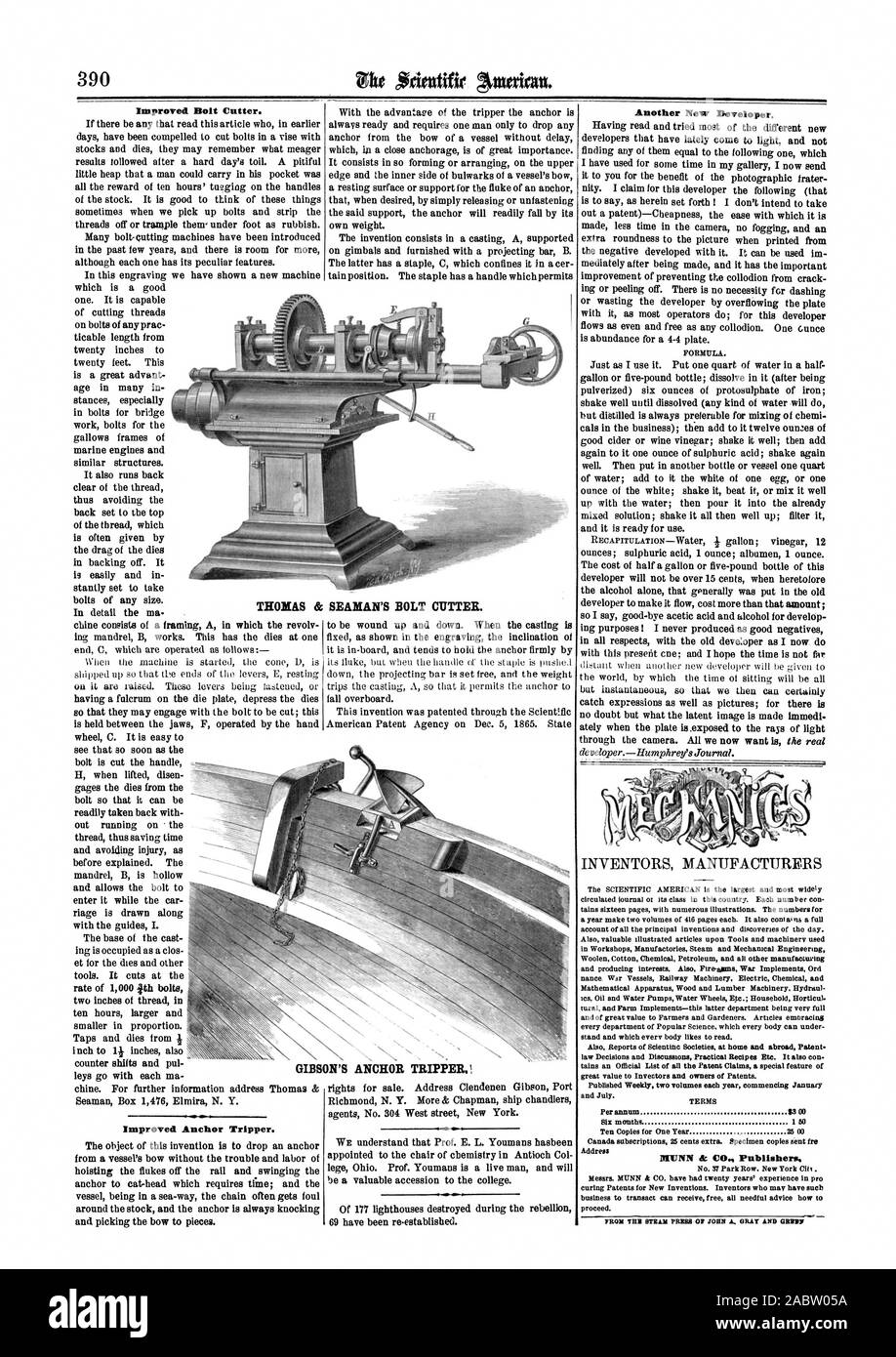177 fari distrutto durante la ribellione 69 sono state ristabilite. Ancoraggio migliorato gitante. da una nave di prua senza problemi e la manodopera di ancoraggio per il CAT-testa che richiede tempo; e la nave in un mare-modo la catena spesso ottiene fallo in tutto il magazzino e il dispositivo di ancoraggio è sempre di bussare e prelevare la prua a pezzi., Scientific American, 1866-06-02 Foto Stock