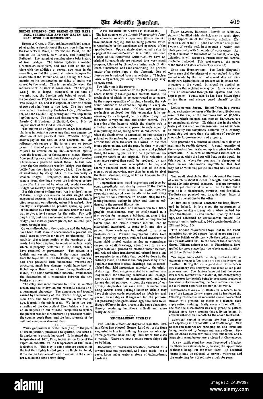 Ponte di edificio-ponte di cervo. FORD Springfield e New Haven ferrovia strada al di sopra del Connecticut. Nuovo metodo di copia di foto. Riepilogo varie. Il rifiuto può essere lavorato in una polpa signor carta., Scientific American, 1866-06-16 Foto Stock