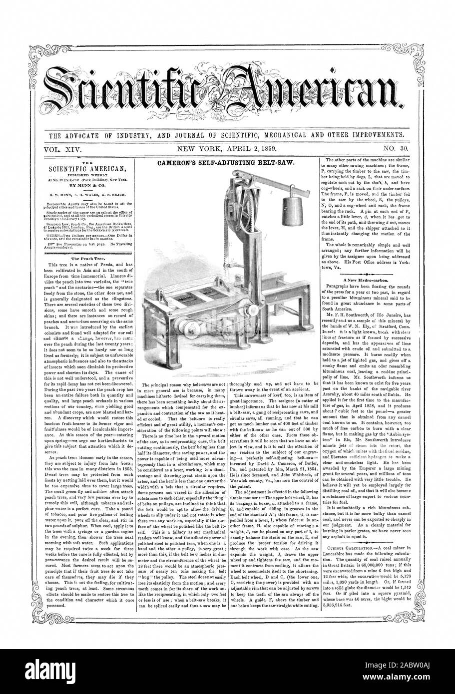 L' AVVOCATO DI INDUSTRIA E UFFICIALE DELLA MECCANICA scientifica e altri miglioramenti. CAMERON L'auto-regolazione della cinghia-sega., Scientific American, 1859-04-02 Foto Stock