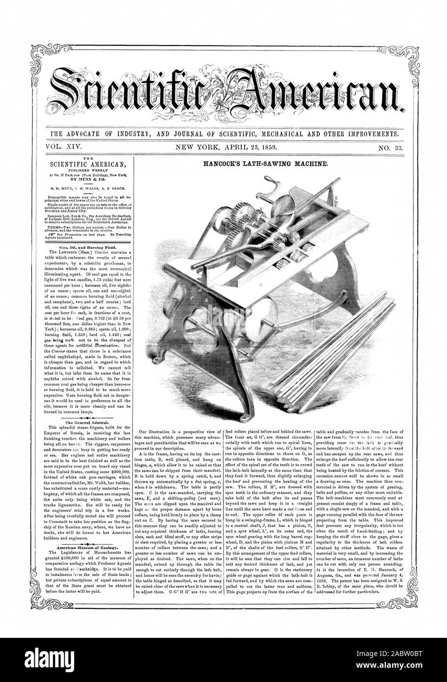 L' AVVOCATO DI INDUSTRIA E UFFICIALE DELLA MECCANICA scientifica e altri miglioramenti. HANCOCK'S canniccio-macchina segatrice., Scientific American, 1859-04-23 Foto Stock