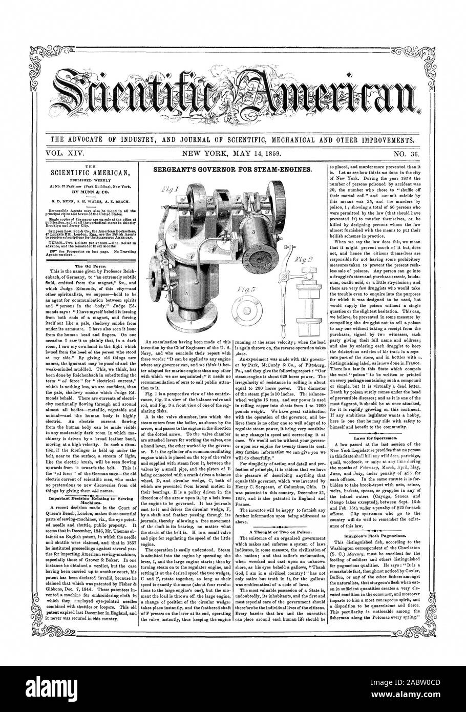 L' AVVOCATO DI INDUSTRIA E UFFICIALE DELLA MECCANICA scientifica e altri miglioramenti. Il Sergente governatore per vapore-motori. Il diametro esterno di forza. Importante decisione relative a macchine da cucire. Leggi per gli sportivi. Lo Storione la carne combattivo., Scientific American, 1859-05-14 Foto Stock