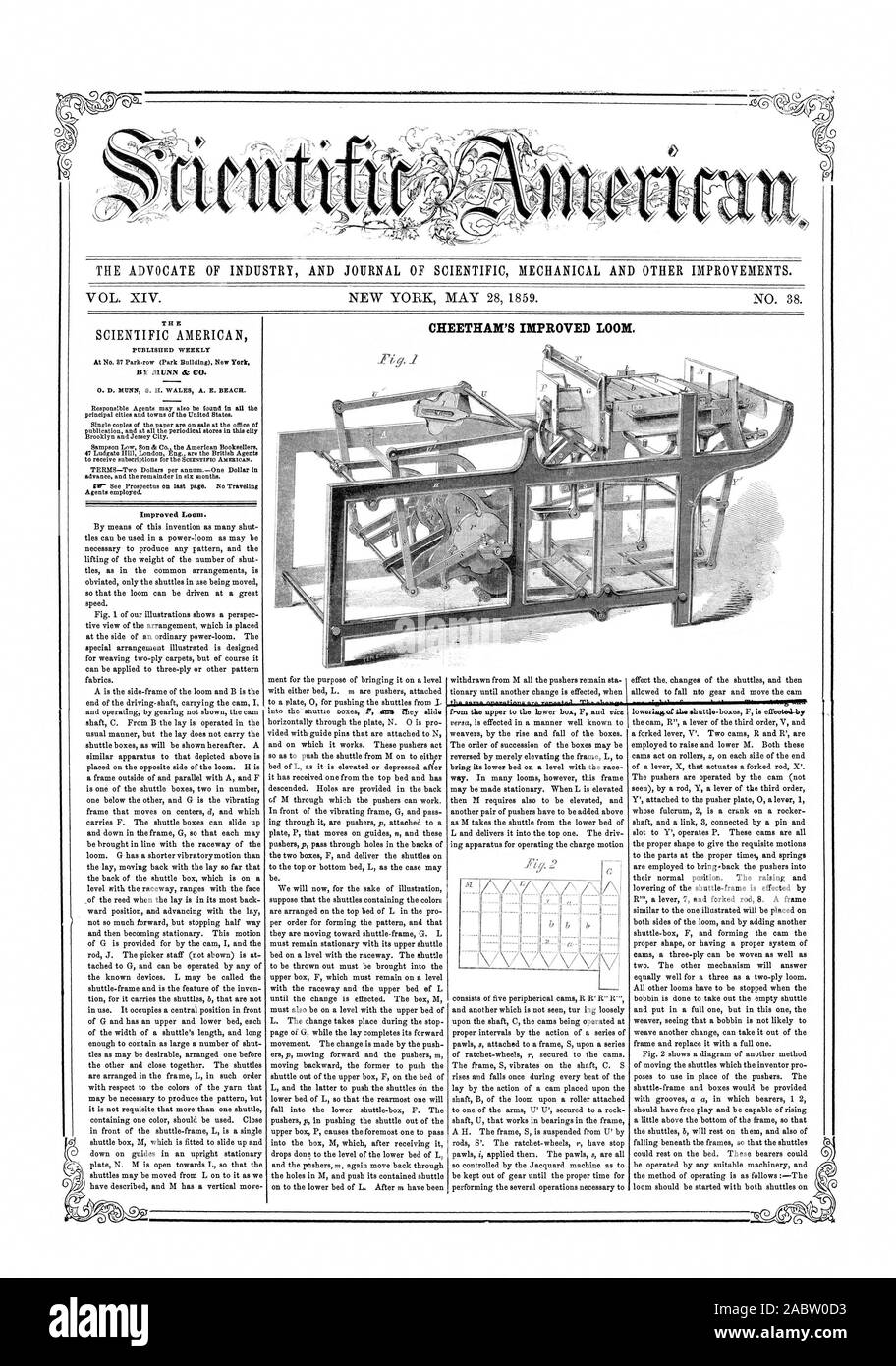 L' AVVOCATO DI INDUSTRIA E UFFICIALE DELLA MECCANICA scientifica e altri miglioramenti. T H E CHEETHAM migliorata del telaio. Pubblicato settimanalmente 0. D. MUNN S. H. GALLES A. E. BEACH., Scientific American, 1859-05-28 Foto Stock