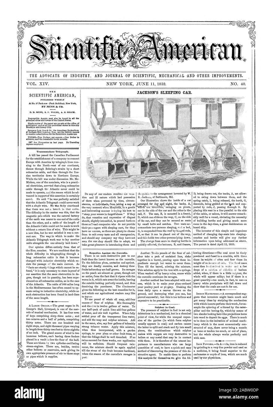 L' AVVOCATO DI INDUSTRIA E UFFICIALE DELLA SCIENTIFICA - Meccanica e altri miglioramenti. Transmundane Telegraph. Rimedi contro il Cardillo. JACKSON, SLEEPING CAR. Tenore di zolfo in carbone., Scientific American, 1859-06-11 Foto Stock