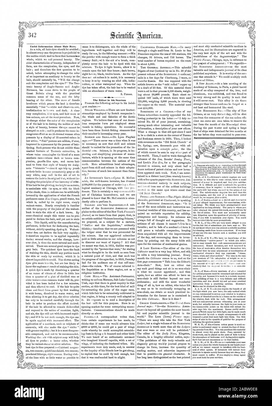 342 Informazioni utili circa le tinture per capelli. L'Editor nel suo Sanctum, Scientific American, 1859-06-18 Foto Stock