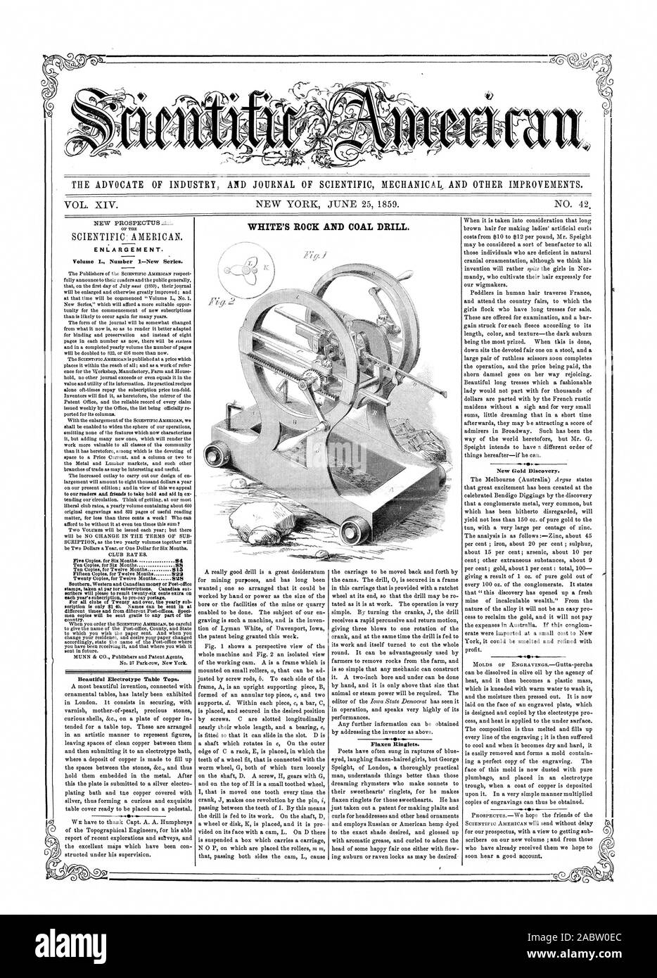 L' AVVOCATO DI INDUSTRIA E UFFICIALE DELLA MECCANICA SCIENTIFICA  e altri miglioramenti. WHITE ROCK E CARBONE trapano. L' ampliamento. 84, Scientific American, 1859-06-25 Foto Stock