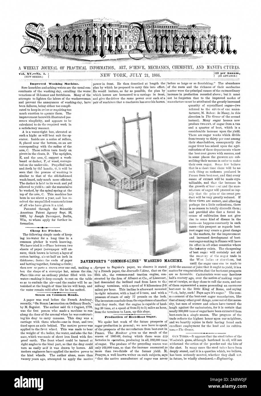 XVNo. 4. $3 per anno migliorato la macchina di lavaggio. A buon mercato bricco ghiaccio. Vapore sulle strade comuni. DAVENPORT ' SENSO COMUNE ' LAVATRICE., Scientific American, 1866-07-21 Foto Stock