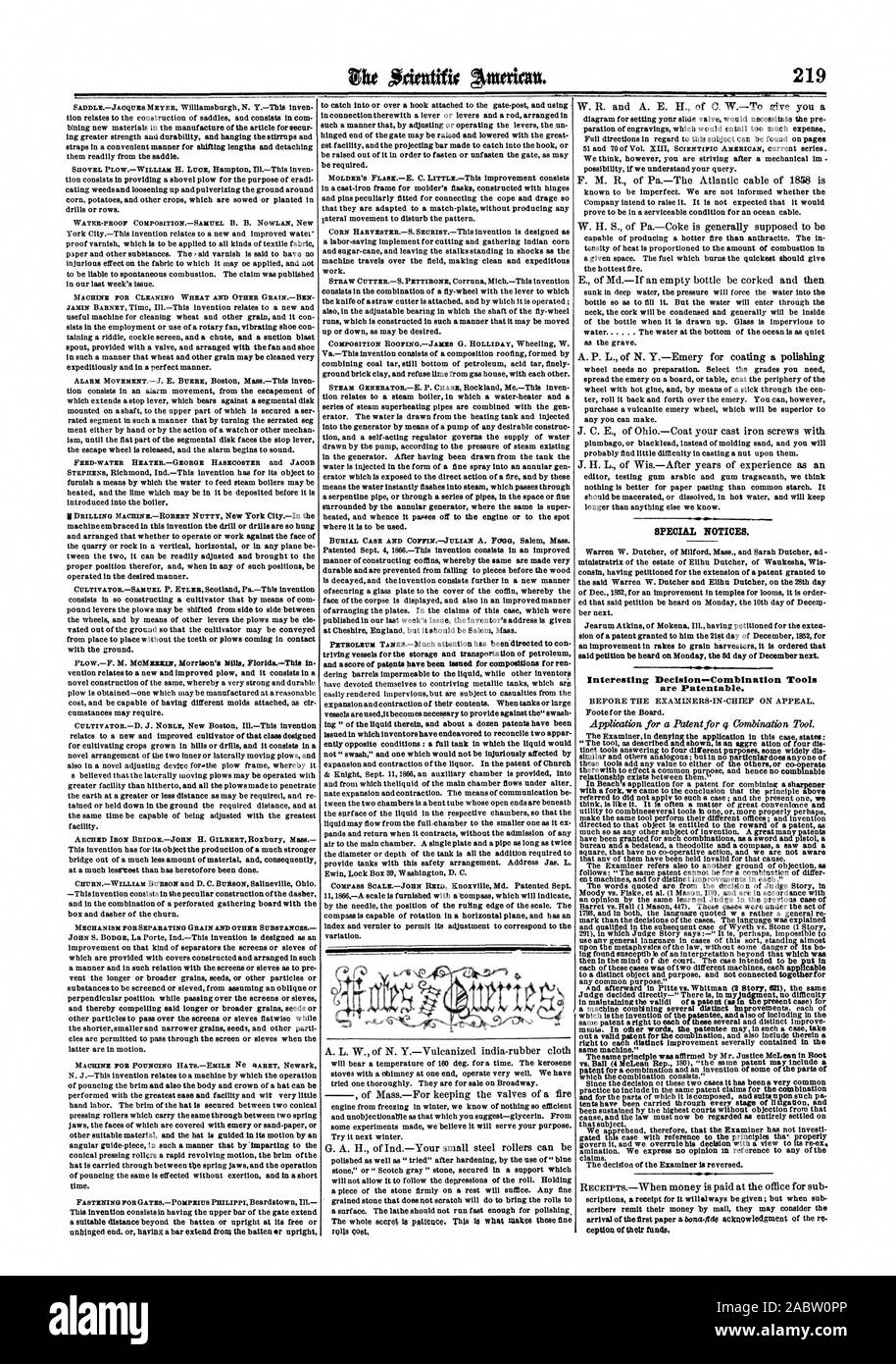 Avvisi speciali. Deelsion interessante combinazione di strumenti sono brevettabili., Scientific American, 1866-09-29 Foto Stock
