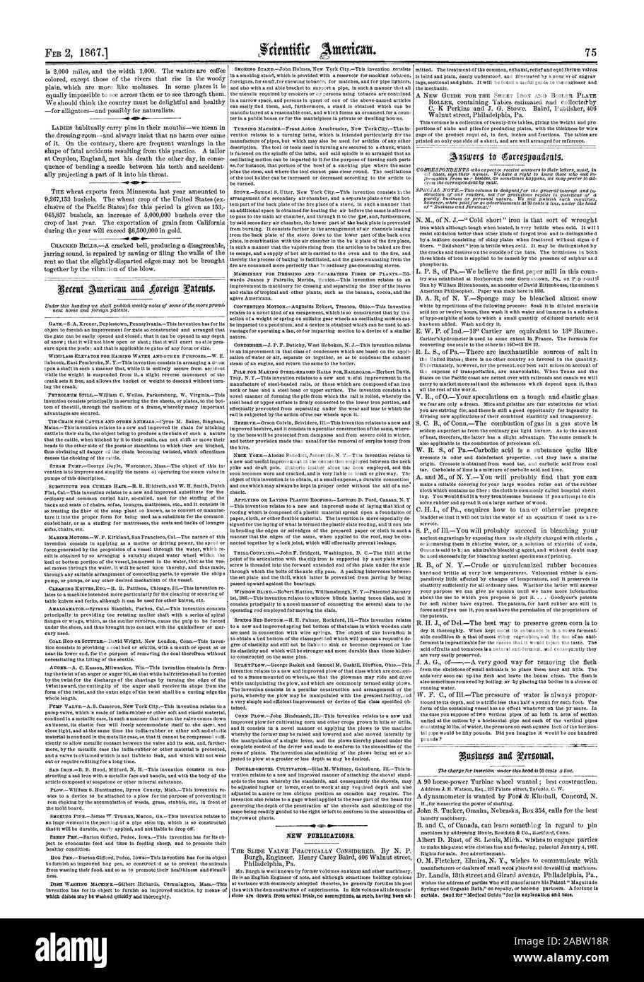 Nuove pubblicazioni., Scientific American, 1867-02-02 Foto Stock