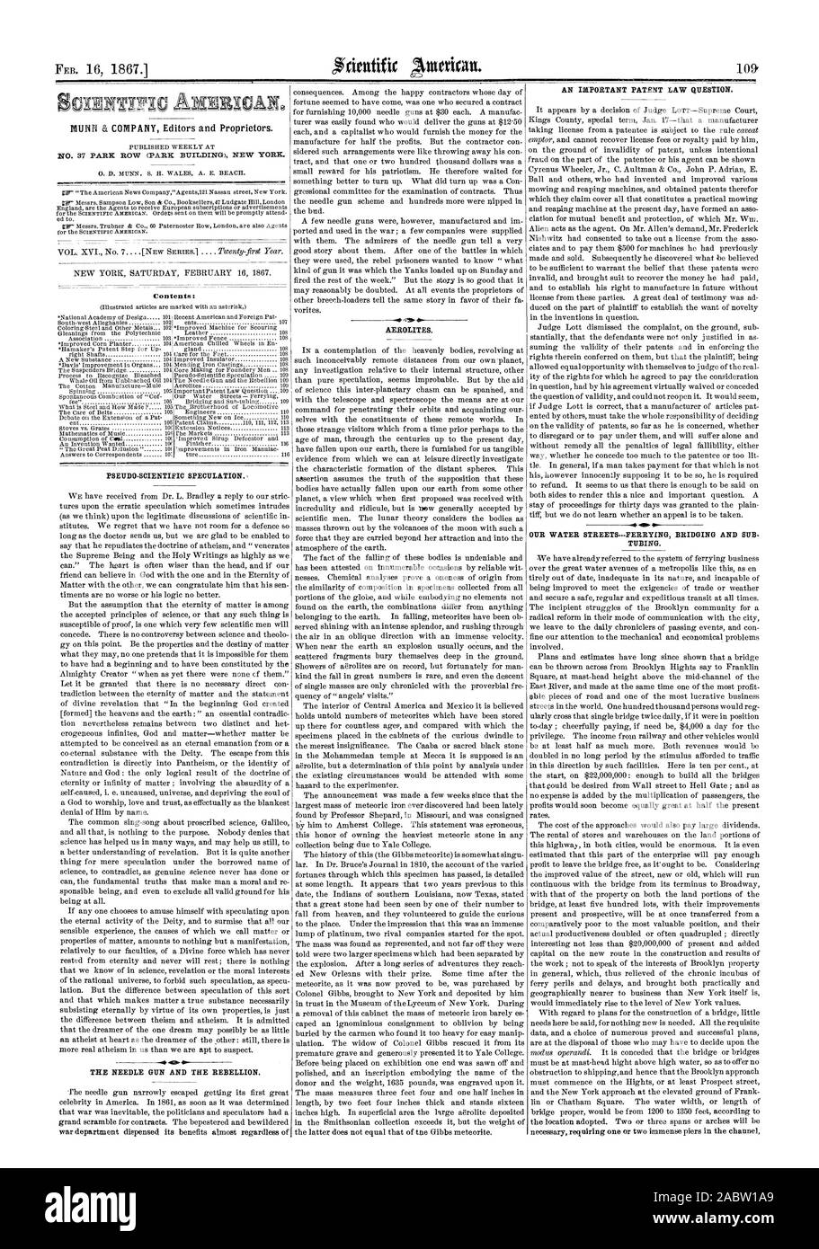 MUNE & Company Redattori e proprietari. N° 37 PARK ROW (PARK EDIFICIO) NEW YORK. Contenuto: la pistola ad aghi e la ribellione. Un importante diritto di brevetto domanda. Tubo., Scientific American, 1867-02-16 Foto Stock