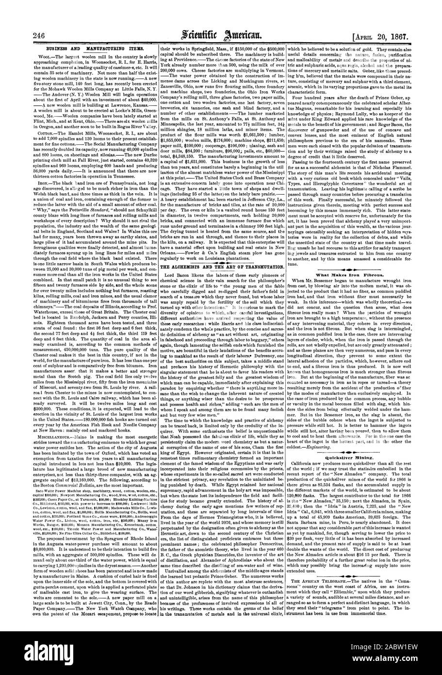 Gli alchimisti e l arte della trasmutazione. ssses. Ciò che rende il ferro fibroso. AM. 41. Quicksilver Mining., Scientific American, 1867-04-20 Foto Stock