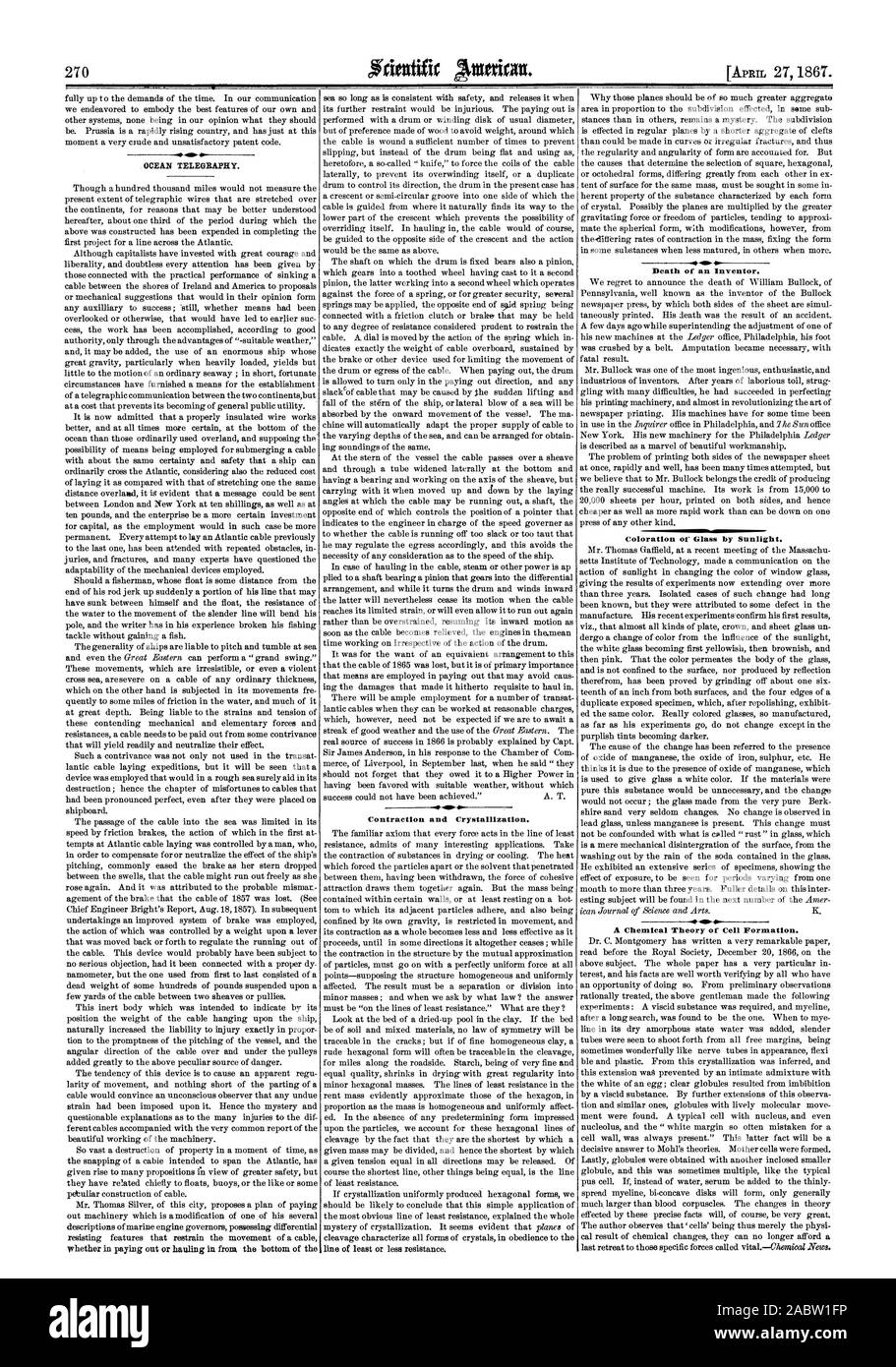 OCEAN TELEGRAFIA. Se nel pagamento o di traino nella parte anteriore del fondo del mare così a lungo come è coerente con la sicurezza e la rilascia quando la linea di almeno o meno resistenza. Perché quei piani dovrebbero essere in modo molto maggiore di aggregare la morte di un inventore. Colorazione del vetro da luce solare. Una teoria chimica della cella formazione., Scientific American, 1867-04-27 Foto Stock