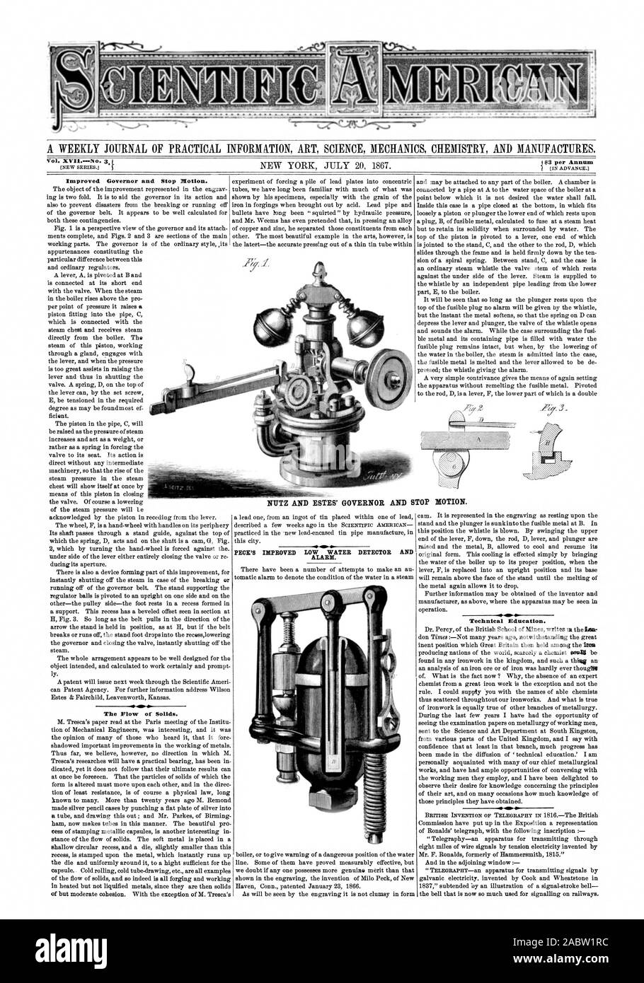 Un giornale settimanale di informazioni pratiche arte scienza meccanica chimica AM) produce. j 3 dollari annui del regolatore migliorata e Stop Motion. Il flusso di solidi. PECK migliorato di acqua bassa rivelatore e allarme. Istruzione tecnica. N1TTZ E ESTES' Governatore e stop motion., Scientific American, 1867-07-20 Foto Stock