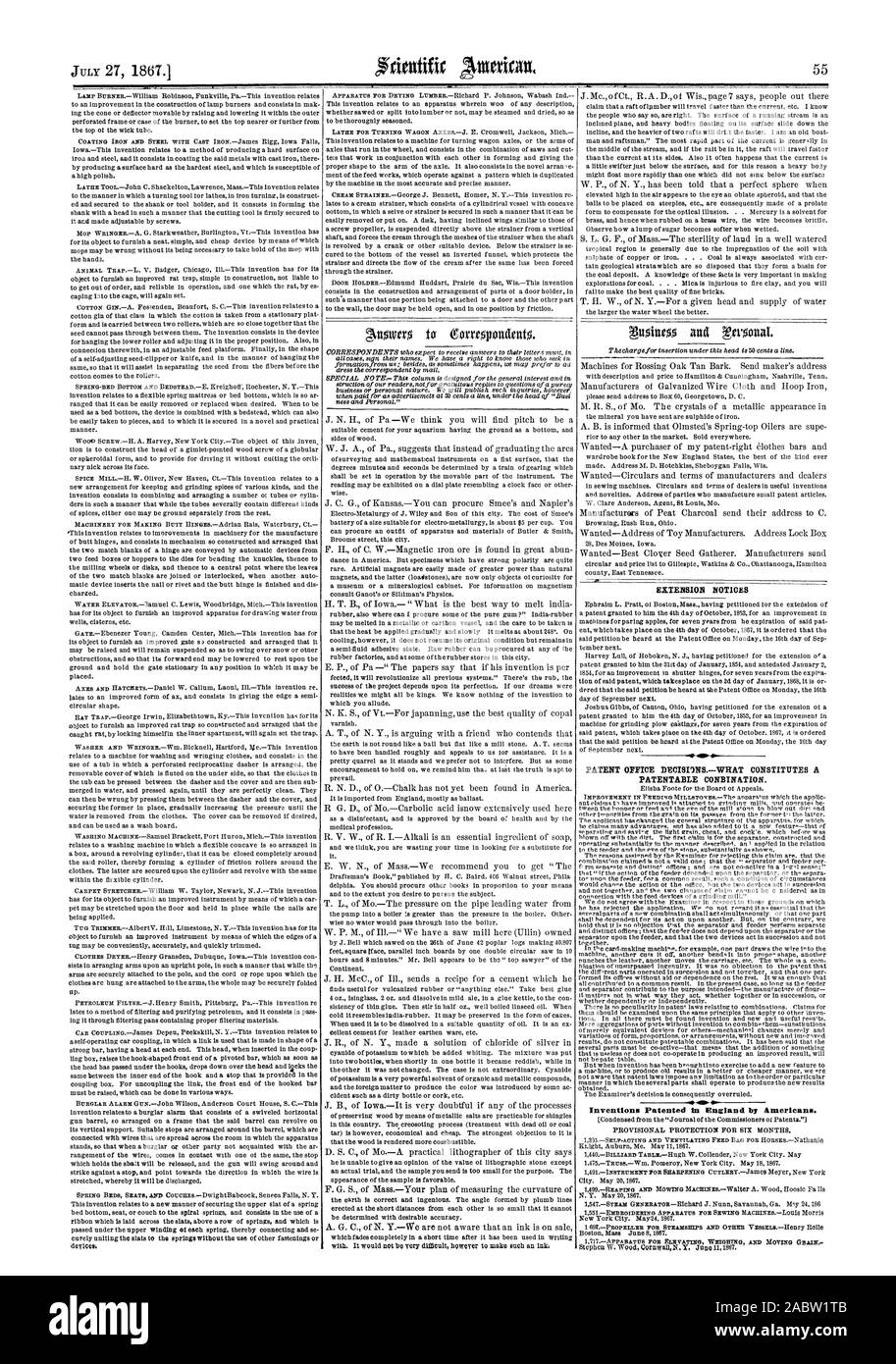 Luglio 27' 1867.1 su ESTENSIONE AVVISI UFFICIO BREVETTI DECISI3NS.WILAT COSTITUISCE UNA COMBINAZIONE brevettabili., Scientific American, 1867-07-27 Foto Stock