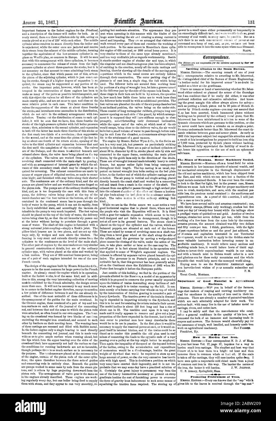 Ghignanti; allusione al vapore Bureau. Le miniere del Montana. Meglio macchinari necessari. sup Thatpartanee del buon materiale in macchine agricole. Ora per indurire Gast ferro. Promuovere la fecondità di alberi., Scientific American, 1867-08-31 Foto Stock