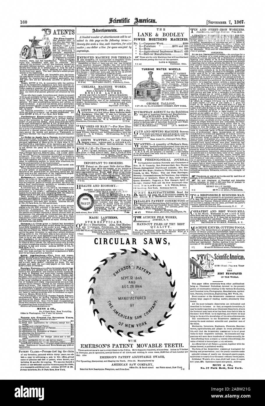 4 4 i brevetti sono concessi per diciassette anni LANE & BODLEY mortasatura di potenza delle macchine. 4000 pagine di un libro di un anno i migliori giornali. IN TUTTO IL MONDO. No. 37 Park Row New York. Turbina a ruote di acqua. E IO AL.28 1866 . 0 da .: % ce' " SEGHE CIRCOLARI Sett.12 1865 EMERSON BREVETTO DI DENTI MOBILI., Scientific American, 1867-09-07 Foto Stock