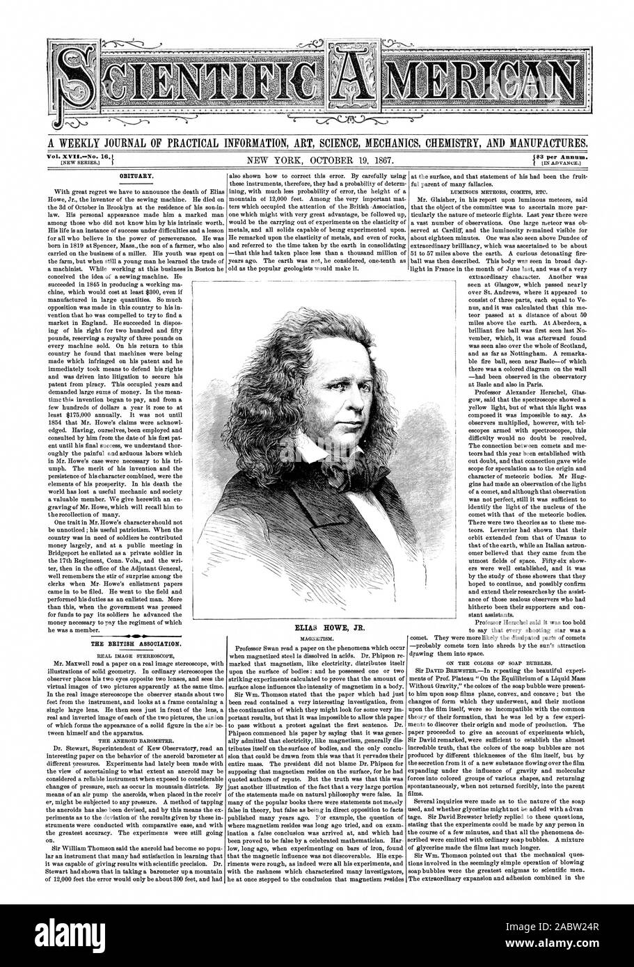 Un giornale settimanale di informazioni pratiche arte scienza meccanica e chimica produce. Vol. XVIINo. 16. "S all'anno. Necrologio. La BRITISH ASSOCIATION. ELIAS HOWE JR., Scientific American, 1867-10-19 Foto Stock