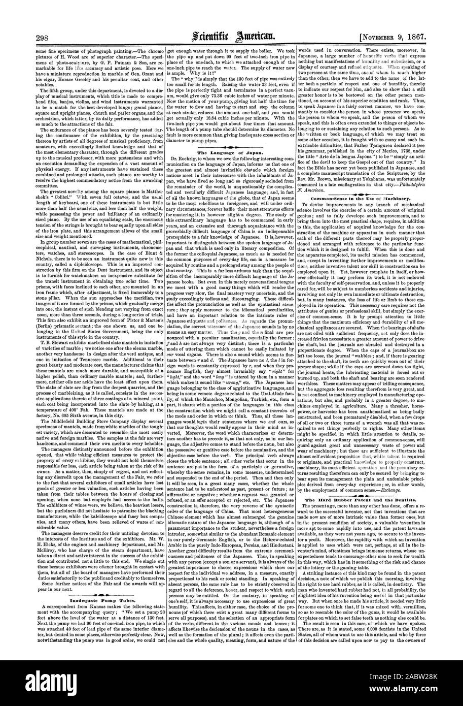 298 insufficienti i tubi della pompa. La lingua del Giappone. Un. Common-Sense nell'uso di macchinari. Il disco di gomma e di brevetto i dentisti., Scientific American, 1867-11-09 Foto Stock