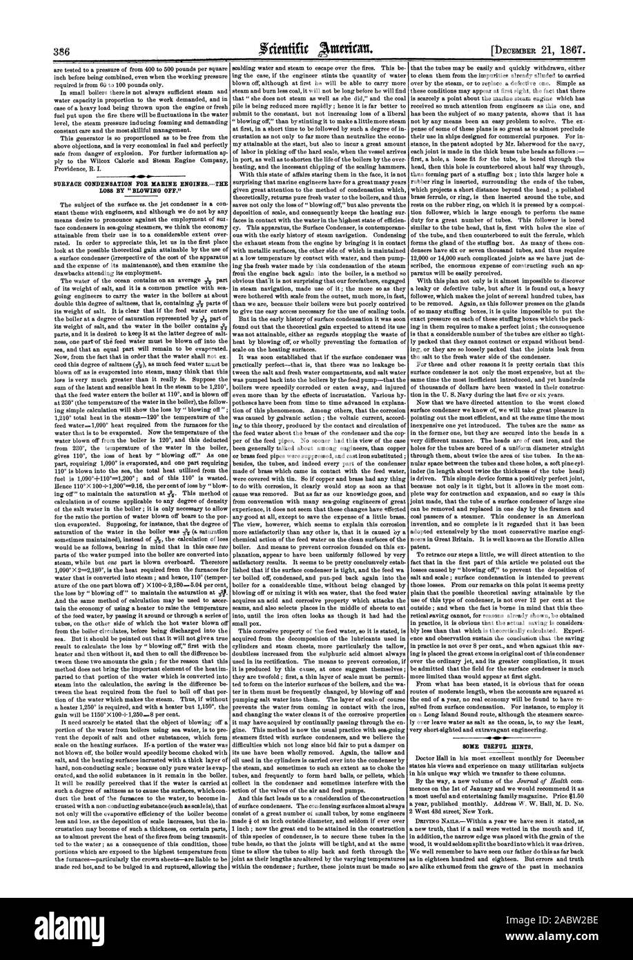 La condensazione di superficie PER I MOTORI MARINI.LA PERDITA DA "SOFFIATURA". alcuni consigli utili., Scientific American, 1867-12-21 Foto Stock