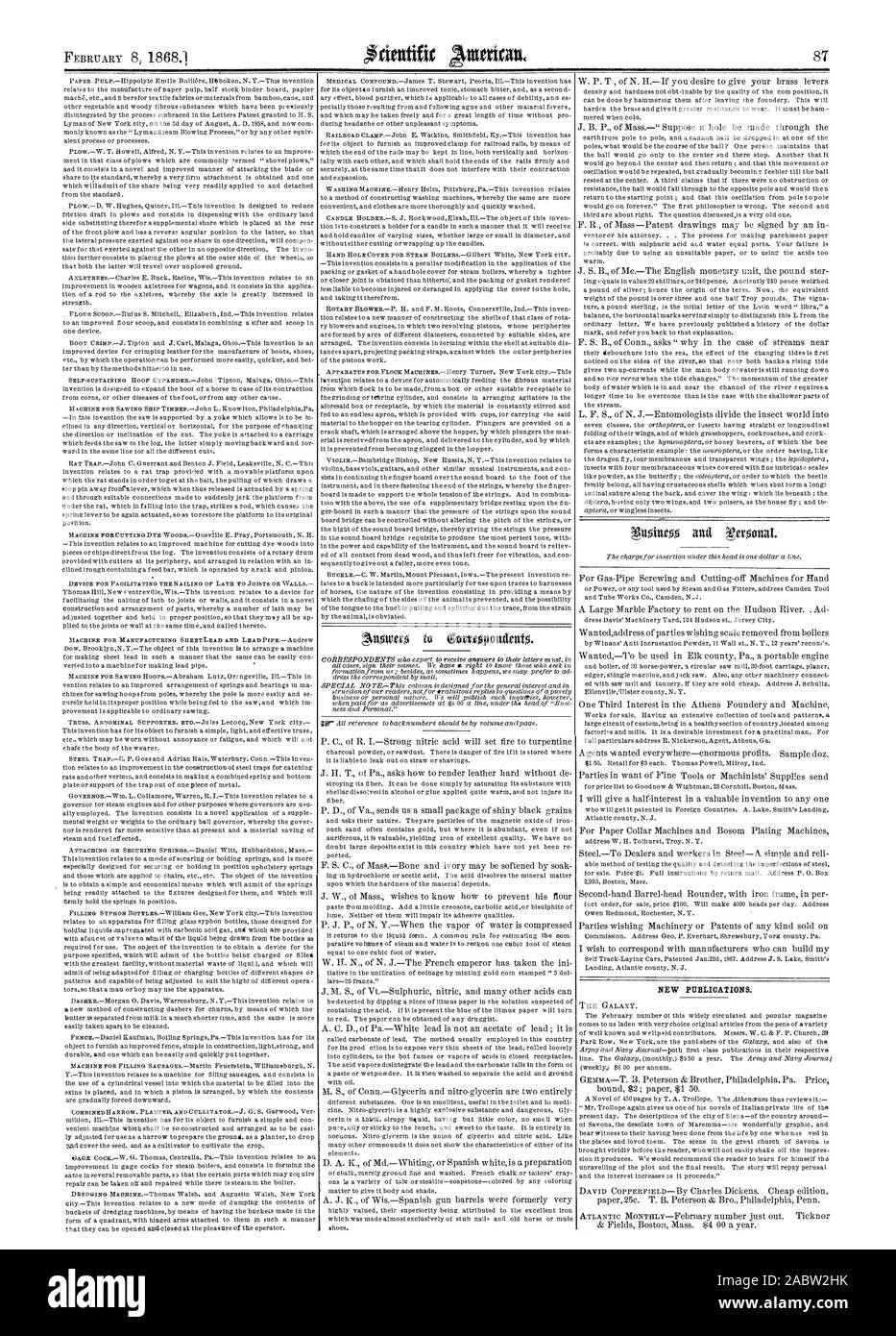 Nuove pubblicazioni., Scientific American, 1868-02-08 Foto Stock