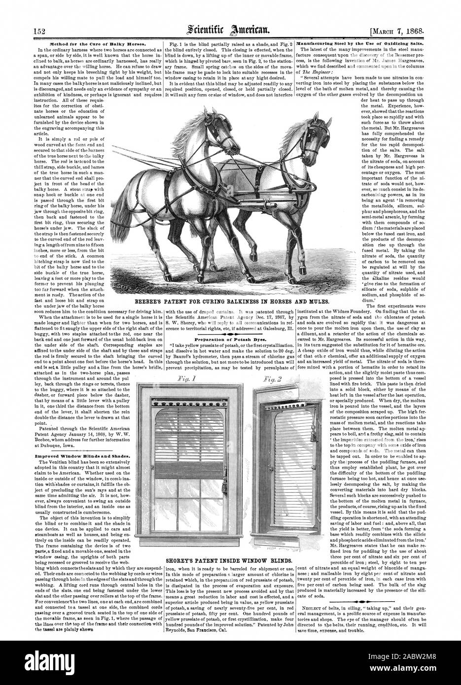 Metodo per la cura dei cavalli Balky. Migliorate le persiane della finestra e sfumature. Brevetto per la vulcanizzazione BALKINESS IN CAVALLI Preparazione del cloruro di potassio coloranti. SHOREY per il rilascio di brevetti all'interno i ciechi della finestra. La fabbricazione di acciaio mediante l'uso di sali ossidanti. BEEBEE e muli., Scientific American, 1868-03-07 Foto Stock