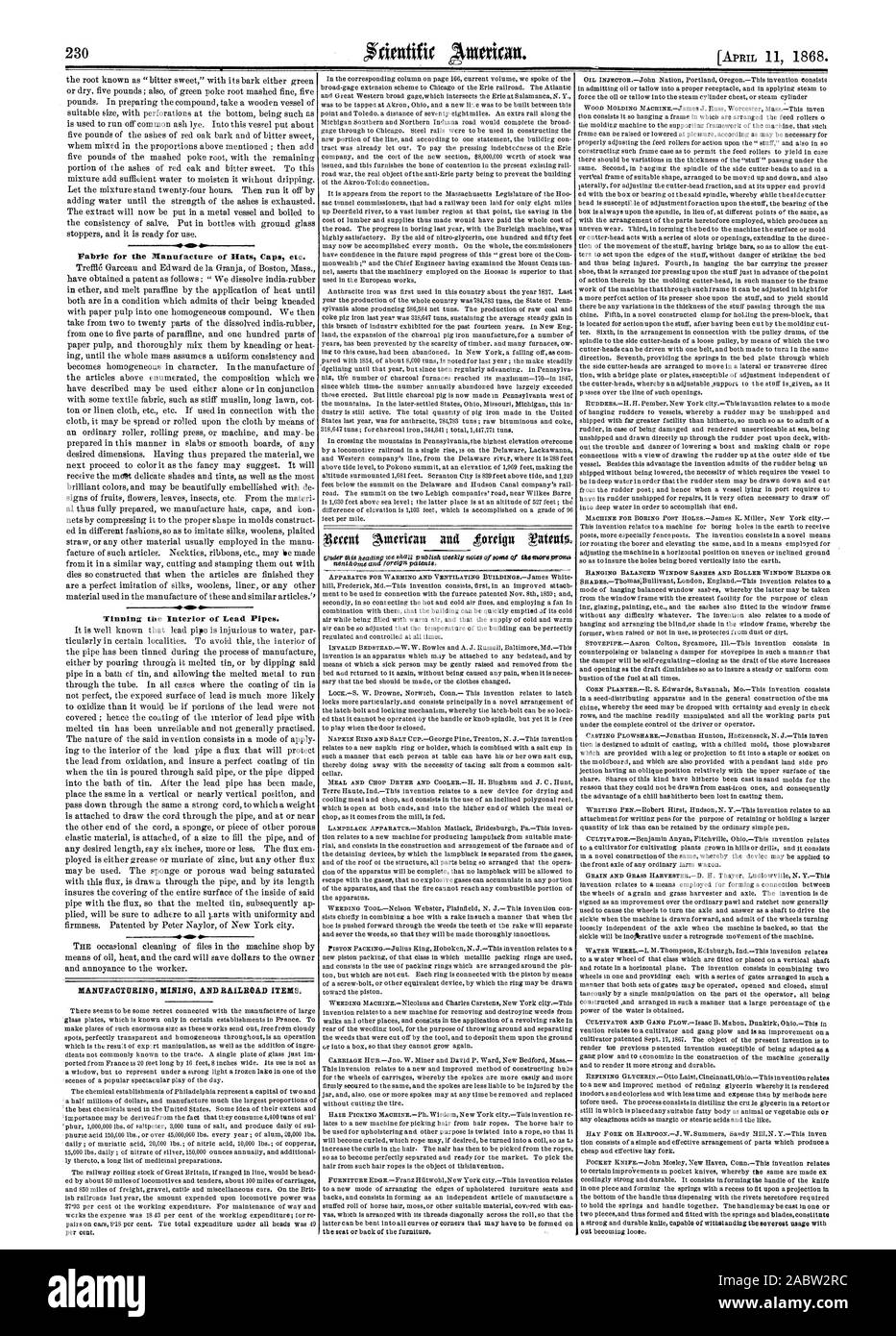 Tessuto per la fabbricazione di cappelli Cappelli ecc. La stagnatura l'interno di tubi di piombo. La produzione mineraria e gli elementi della ferrovia., Scientific American, 1868-04-11 Foto Stock