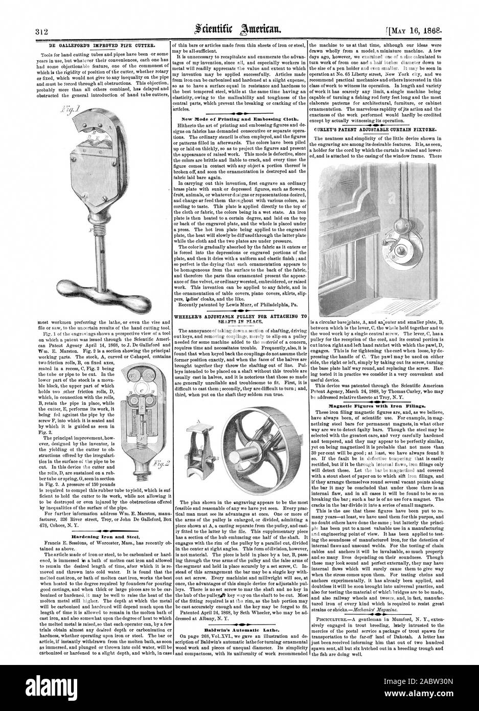 Tempra di ferro e di acciaio. Nuovo PIode della stampa e panno di goffratura. Baldwin il tornio automatico. Figure magnetico con la limatura di ferro., Scientific American, 1868-05-16 Foto Stock
