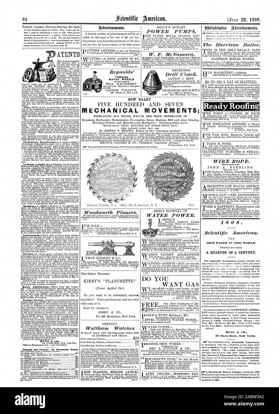 Pronto per tetti procuratore della turbina e consigliere presso la Legge e Notaio ora pronto movimenti meccanici; abbracciando tutti coloro che sono i più importanti in gT DESC ATENTS MUNN ET CO. Un quarto di secolo. MUNN cic CO. moliewmoDov, Scientific American, 1868-07-22 Foto Stock