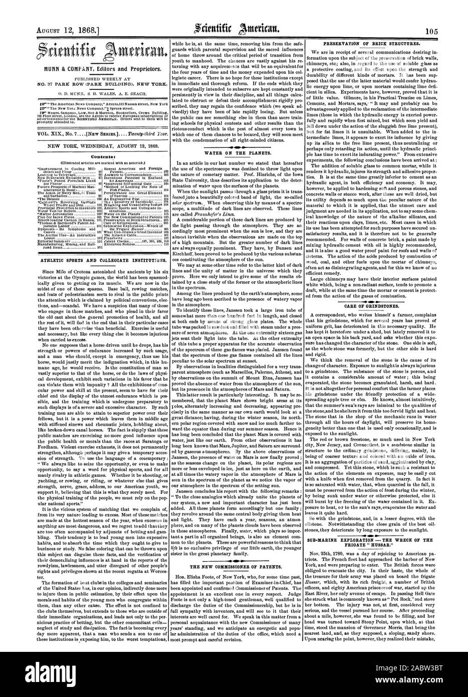 Sport atletica collegiale e istituzioni. Acqua sui pianeti. Il nuovo Commissario di brevetti conservazione delle strutture in mattone. Cura delle macine. Sotto-marine EXPLORATION - il relitto del frigate 'ussaro.', Scientific American, 1868-08-12 Foto Stock