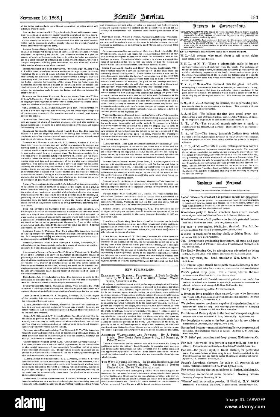 Nuove pubblicazioni., Scientific American, 1868-09-16 Foto Stock