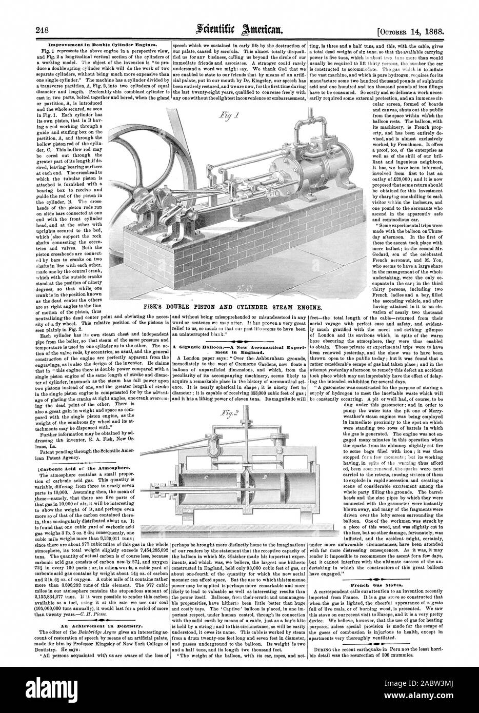 Miglioramento del doppio cilindro di motori. Acido LCarbonle dell'atmosfera. 4. Un successo in odontoiatria. Un gigantesco palloncino.Una nuova esperienza acquisita negli Stati aeronautici . nient in Inghilterra. Il francese stufe a gas. FISK doppio pistone e cilindro motore bistecca, Scientific American, 1868-10-14 Foto Stock