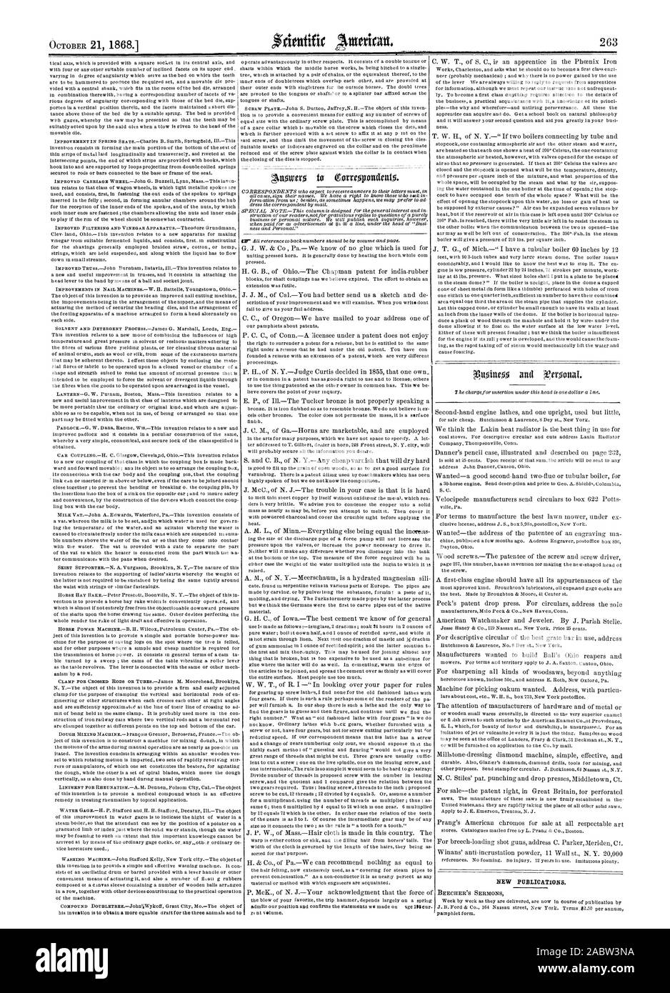 Nuove pubblicazioni, Scientific American, 1868-10-21 Foto Stock