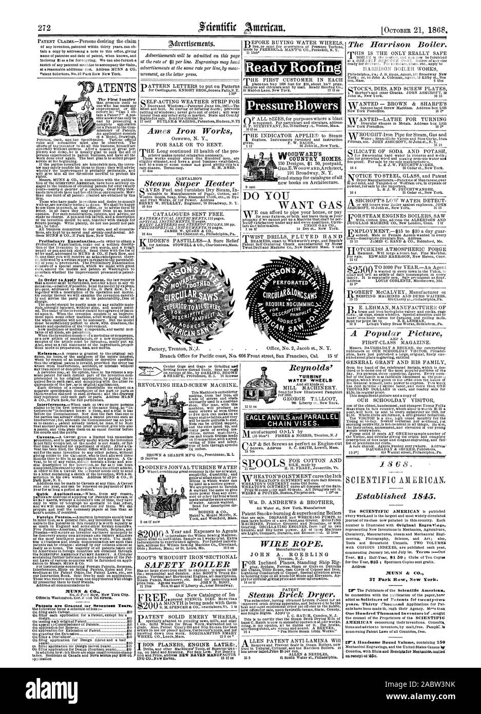 Pronto per tetti soffianti pressione WOODWARD'S COUNTRY HOMES TURBINA EAGLE ANVILSand catena parallela morse. JOHN A. ROEBLING MUNN & CO. RON ruspe listello motore& 37 Park Row New York. 1868 Scientific American INC., 1868-10-21 Foto Stock