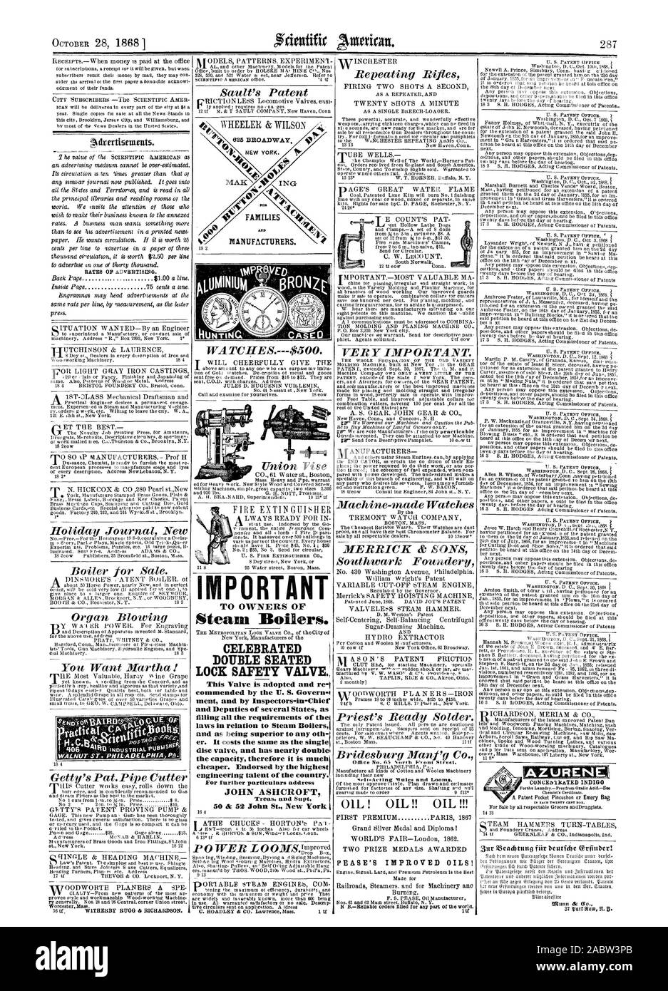 Tariffe a OP pubblicità. WALNUT ST. PHILADELPIIIAPS. 16 Se WITHERBY RUG St Richardson. I COSTRUTTORI. Importante per i proprietari delle caldaie a vapore. Ha celebrato il doppio SEDUTO DI BLOCCO VALVOLA DI SICUREZZA. Questa valvola è adottato e rel elogiato da esso. S. DISCIPLINANO I mento e da ispettori-in-Chénier e deputati di diversi Stati come il riempimento di tutte le disposizioni di legge in materia di caldaie a vapore" e come essendo superiore a qualsiasi oth er. Costa lo stesso come il singolo disco valvola e ha quasi il doppio di capacità è quindi molto più conveniente. Approvato dal più alto talento di ingegneria del paese. Per ulteriori Foto Stock