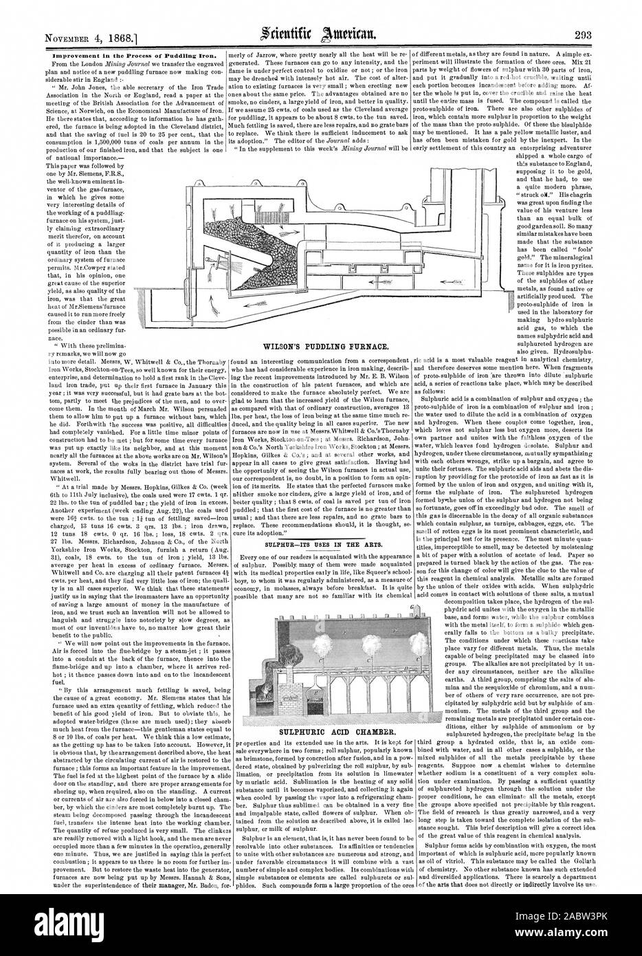 Miglioramento del processo di copertura del ferro. WILSON COPERTURA DEL FORNO. Zolfo-suoi usi nelle arti. Acido solforico camera., Scientific American, 1868-11-04 Foto Stock