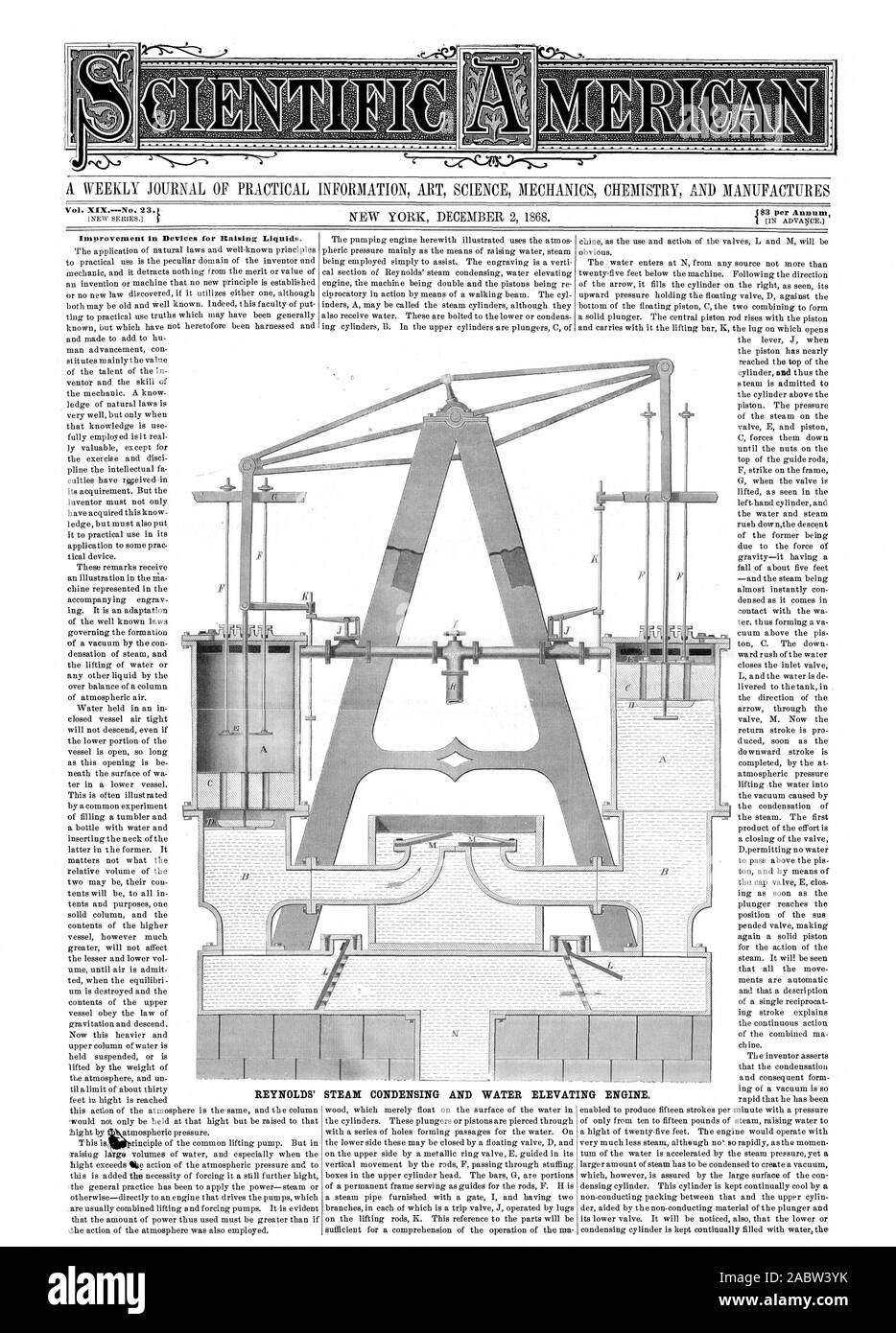 Un giornale settimanale di informazioni pratiche arte scienza meccanica e chimica produce Vol. Miglioramento in dispositivi per il sollevamento; liquidi. La condensazione di vapore e acqua ELEVAT REYNOLDS MOTORE ING., Scientific American, 1868-12-02 Foto Stock