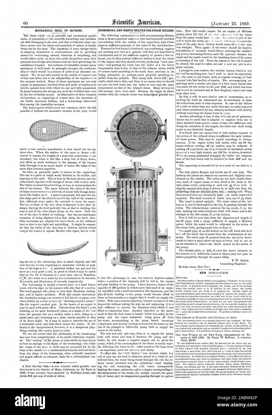 Abilità meccaniche di selvaggi. Economico e snau riscaldatore per caldaie a vapore. Nuove pubblicazioni., Scientific American, 1869-01-11 Foto Stock
