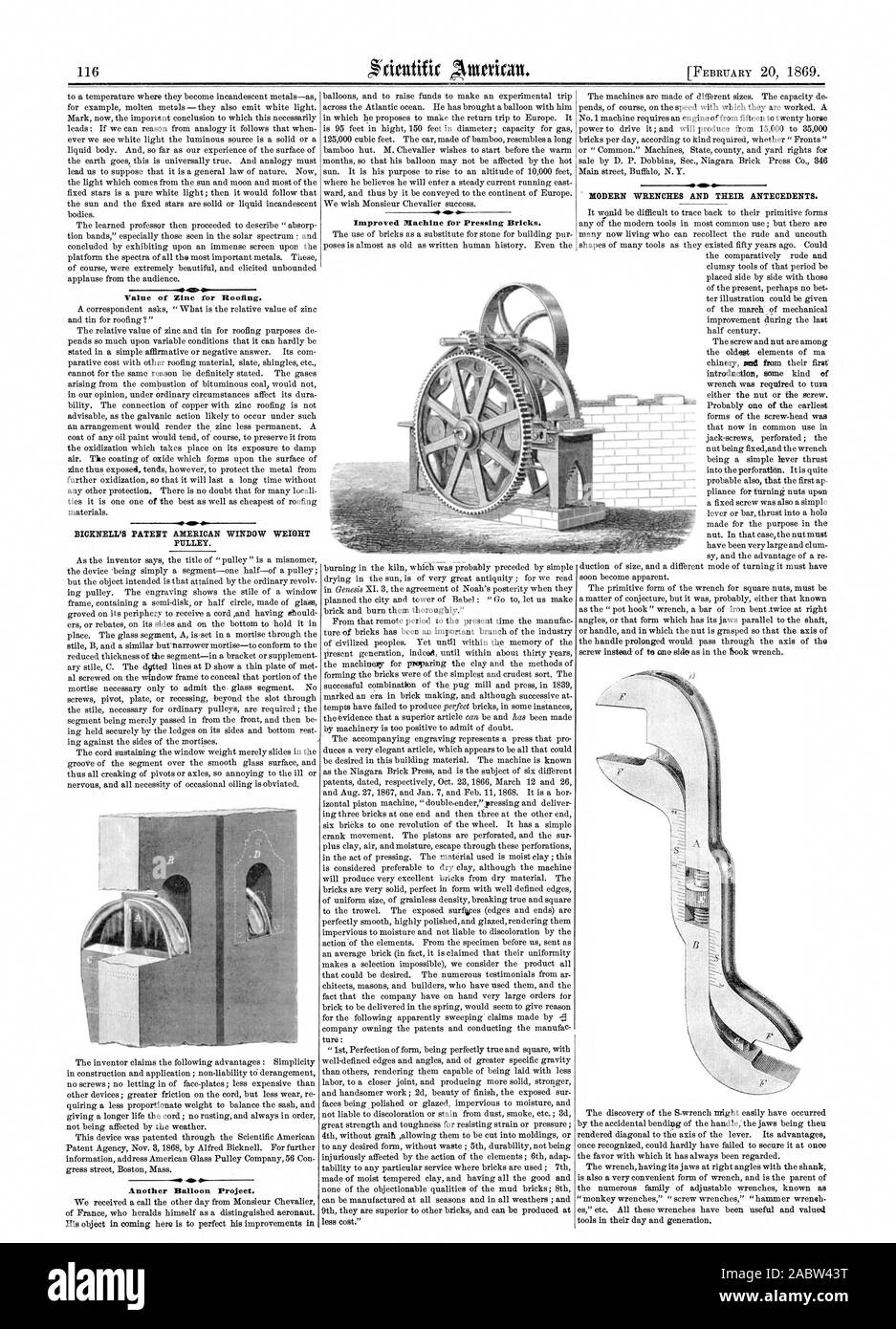 Valore di zinco per la copertura. BICKNELL del brevetto americano peso finestra puleggia. Un altro progetto a palloncino. Chiavi MODERNE E I LORO antecedenti. meno costo.' chinery invia dal loro primo. introduzione di qualche tipo di chiave è stata richiesta per ruotare il dado o la vite. Probabilmente una delle più antiche forme di vite a testa che era ora di uso comune nei jack-viti forate ; il dado essendo fixedand la chiave essendo una semplice leva spinta nella perforazione. È abbastanza probabile che als il primo ap pliance per ruotare i dadi su una vite fissa è stato anche un semplice realizzato per lo scopo nel presto Foto Stock