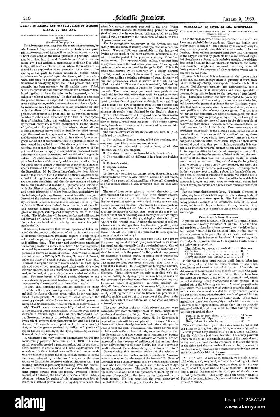 Tintura IN FRANCIA E I CONTRIBUTI DELLA SCIENZA MODERNA PER L'arte. Da E. R. BUDGE U. 8 COMXISSIONER ALL'Esposizione Universale di Parigi la generazione di ozono nell'atmosfera di C. W. HEATON PROFESSORE DI OHESTRY IN CHABING CROSS HOSPITAL COLLEGE INGHILTERRA TanningA nuovo processo., Scientific American, 1869-04-03 Foto Stock