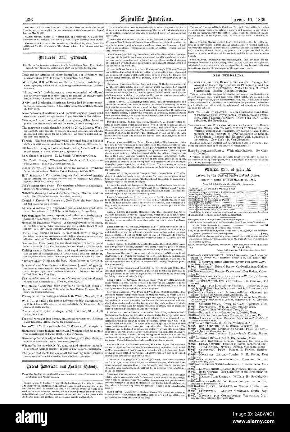 Nuove pubblicazioni., Scientific American, 1869-04-11 Foto Stock