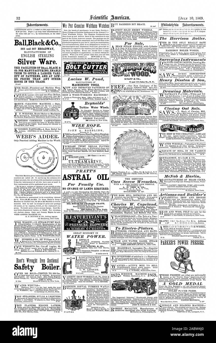 Ball nero&Co. Silver Ware. Le strutture della sfera nero & CO. Per la fabbricazione di consentire loro di offrire una più ampia scel ETY DI MODELLI E A BASSI PREZZI ER RISPETTO A QUALSIASI ALTRA CASA IN COMMERCIO. La sicurezza della caldaia. [Bullone coltello HOWARD IRON WORKS BUFFALO.N.Y. Macchinisti' STRUMENTI astrale olio olio CASA DI CHARLES PRATT pressione .BLOWIERS JAS. LEFFEL & CO. A. G. COES & CO. Superintending e consulente tecnico piroscafi motori e caldaie per la vendita. Londra 48 Cannon Street., Scientific American, 1869-07-10 Foto Stock