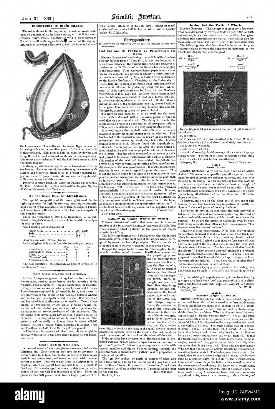 Miglioramento nei collari di HORiE. Filo erba Scope e spazzole. Pesanti macchinari moderni. Catrame di carbone e i suoi prodotti come conservanti per il legno. Raccogliere' In carro ruote non fallace. Posa dei denti delle ruote. Farina di ossa. Bordi seghettati di falcetti., Scientific American, 1869-07-31 Foto Stock