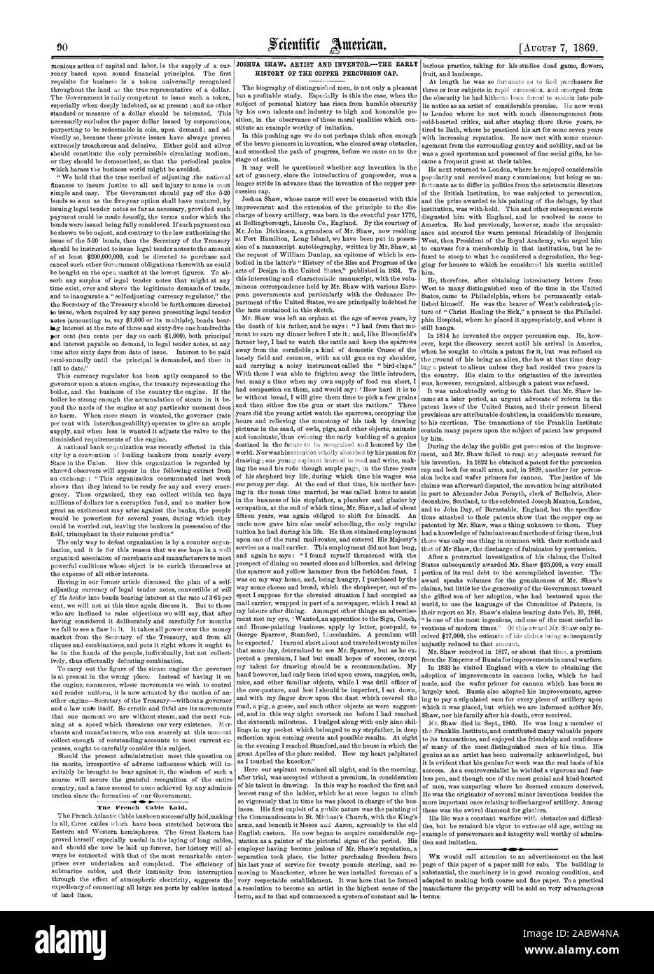 Il cavo francese prevista. Ho JOSHUA SHAW ARTISTA E INVENTORTHE storia degli inizi del rame cappuccio a percussione., Scientific American, 1869-08-07 Foto Stock