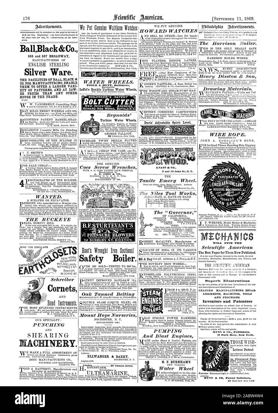 BallBlack&Co. 565 e 567 Broadway Silver Ware. Le strutture della sfera nero & CO. Per la fabbricazione di consentire loro di offrire una più ampia scel ETY DI MODELLI E A BASSI PREZZI ER RISPETTO A QUALSIASI ALTRA CASA IN COMMERCIO. POOLE & Hunt Baltimore Leffel della turbina a doppia Ruote di acqua caldaia di sicurezza. ELLWANGER & BARRY Davis' regolabili Livella Knapp & CO. S e 10 John S.N. Y. La miglior carta per loro ora pubblicato. Leader ESTAB di fabbricazione. Fica di macchine utensili a inventori e. I titolari del brevetto MUNN & CO. Gli editori. 37 Park Row New York. Lettere di brevetto un illustrato Pam MUNN a CO. Gli avvocati di brevetti Foto Stock