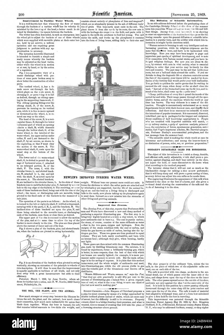 Miglioramento nella turbina di ruote di acqua. Il terreno le piante e gli animali. Miglioramento del processo di gas. La diffusione di informazioni scientifiche. GODDARD'S CALKS staccabile per cavalcate. Ruota di acqua. NEWLIN migliorato di turbina, Scientific American, 1869-09-25 Foto Stock