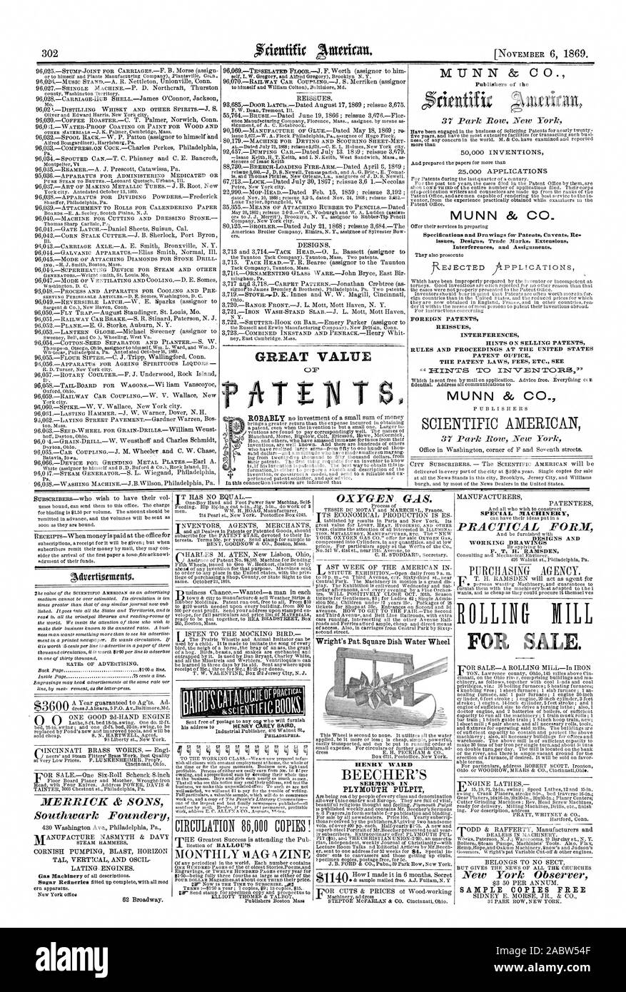 MUNN & CO. Editori della MUNN & CO. Le specifiche e i disegni per i brevetti avvertenze Re. Problemi Progetta marchi estensioni interferenze e le assegnazioni. Brevetti stranieri ristampe interferenze accenni sulla vendita di brevetti e di regole di procedimento presso l'Ufficio Brevetti degli Stati Uniti le leggi sui brevetti di commissioni, ecc Vedere MUNN & CO. Grande valore gas di ossigeno. Wright's Pat. Piatto quadrato ruota di acqua HENRY WARD sermoni a Plymouth pulpito PER MACCHINE SPECIALI PRATICO  formare disegni E DISEGNI DI LAVORO PER LA VENDITA. New York osservatore copie campione libero MERRICK cfc figli Southwark  Foundery, Scientific American, 1869-11- Foto Stock